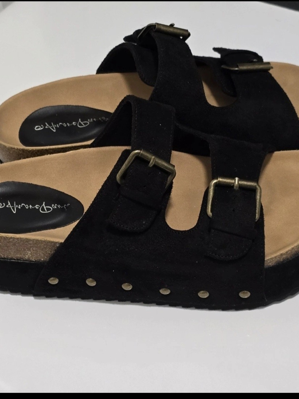 Women's Amore Paris Suede Footbed Platform Slip-on Black Sandals Shoes Sz 9